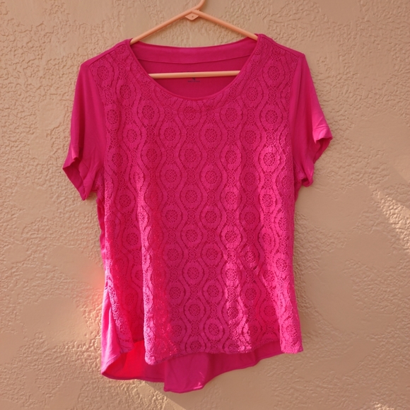 Pink Croft&Barrow Short Sleeves Blouse Medium Size Round Neck with Lace Front - Picture 5 of 13